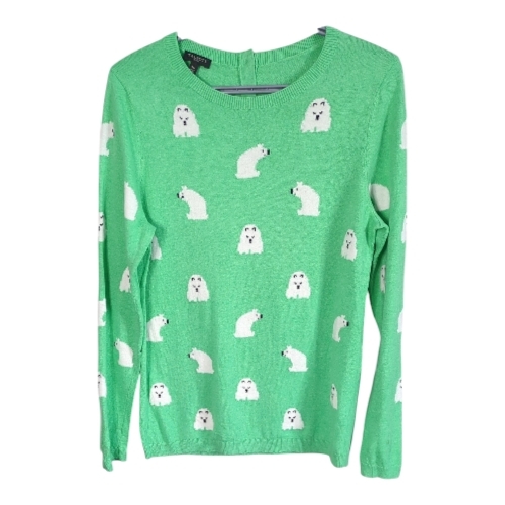 Talbots Petites Cashmere‎ Blend Green Polar Bear Crew Neck Sweater Size MP